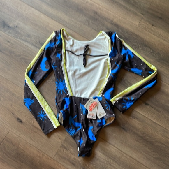 Aqua Bendita x Free People Clara Surf One-Piece Blue and Yellow Swimsuit - Picture 4 of 5